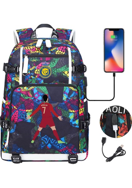 Futbol Yıldızı C Luo USB Büyük Kapasiteli Genç Öğrenciler Okul Çantası Erkekler ve Kadınlar Rahat Seyahat Sırt Çantaları Omuzlar (Yurt Dışından)