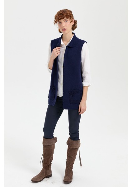 Kadın Polo Yaka Düğmeli Kısa Yün Yelek Y.a Lacivert fiyatları
