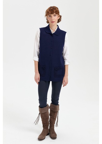 Kadın Polo Yaka Düğmeli Kısa Yün Yelek Y.a Lacivert modelleri