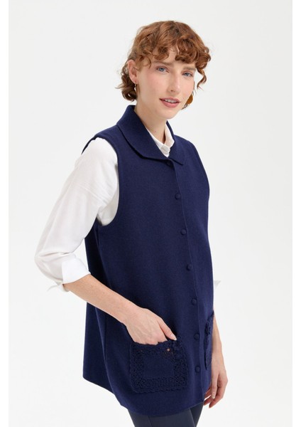 Kadın Polo Yaka Düğmeli Kısa Yün Yelek Y.a Lacivert indirimleri