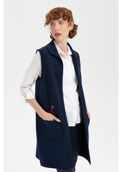 Kadın Polo Yaka Önü Açık Işlemeli Uzun Yün Yelek K.lacivert fiyatları