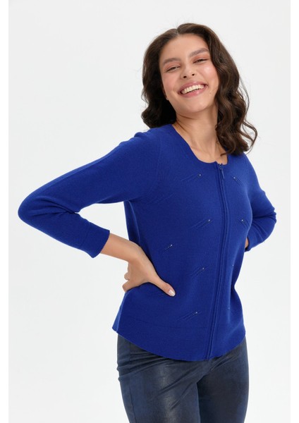 Kadın Sıfır Yaka Dikişsiz Önü Taşlı Fermuarlı Yün Hırka K.saks fırsatları