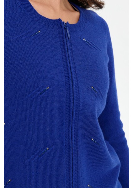 Kadın Sıfır Yaka Dikişsiz Önü Taşlı Fermuarlı Yün Hırka K.saks indirimleri