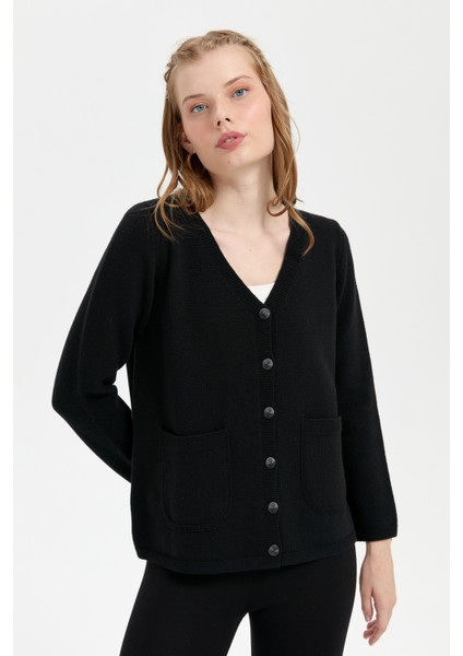 Kadın V Yaka Basic Yün Hırka Siyah fiyatları