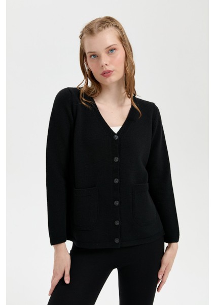 Kadın V Yaka Basic Yün Hırka Siyah fırsatları