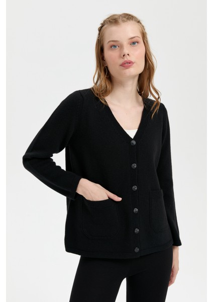 Kadın V Yaka Basic Yün Hırka Siyah indirimleri