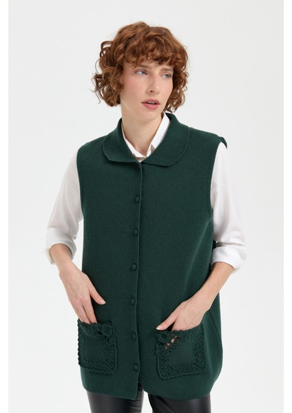 Kadın Polo Yaka Düğmeli Kısa Yün Yelek Yeşil fiyatları