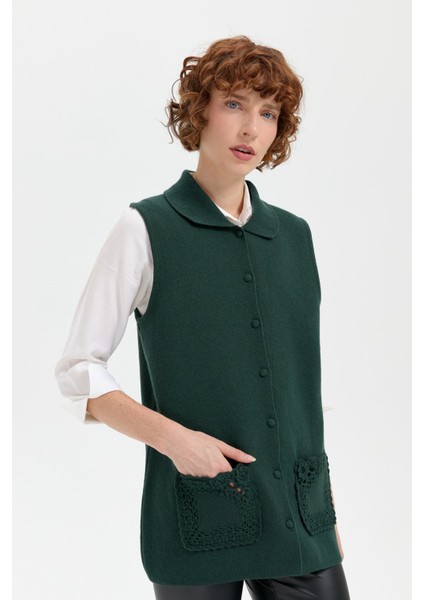 Kadın Polo Yaka Düğmeli Kısa Yün Yelek Yeşil modelleri