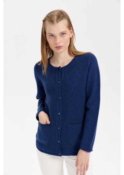 Kadın Sıfır Yaka Önü Baklava Örgü Dikişsiz Yün Hırka Indigo