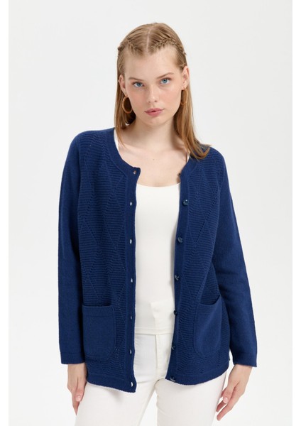 Kadın Sıfır Yaka Önü Baklava Örgü Dikişsiz Yün Hırka Indigo fiyatları