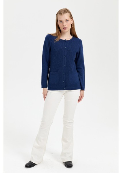 Kadın Sıfır Yaka Önü Baklava Örgü Dikişsiz Yün Hırka Indigo modelleri