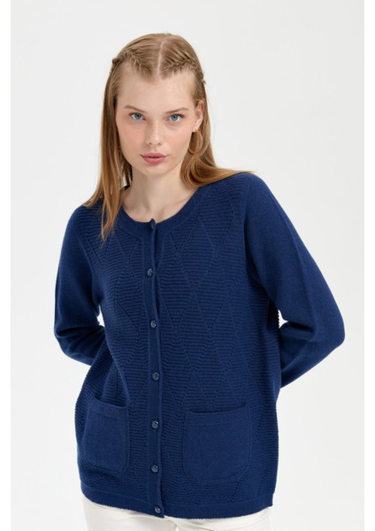 Kadın Sıfır Yaka Önü Baklava Örgü Dikişsiz Yün Hırka Indigo indirimleri