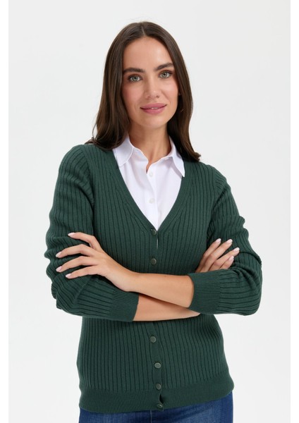 Kadın V Yaka Dikişsiz Hırka Yeşil