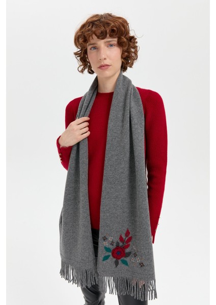 Kadın Papatya Işlemeli Püsküllü Yün Kaşkol Füme