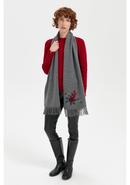 Kadın Papatya Işlemeli Püsküllü Yün Kaşkol Füme fırsatları