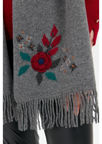 Kadın Papatya Işlemeli Püsküllü Yün Kaşkol Füme indirimleri