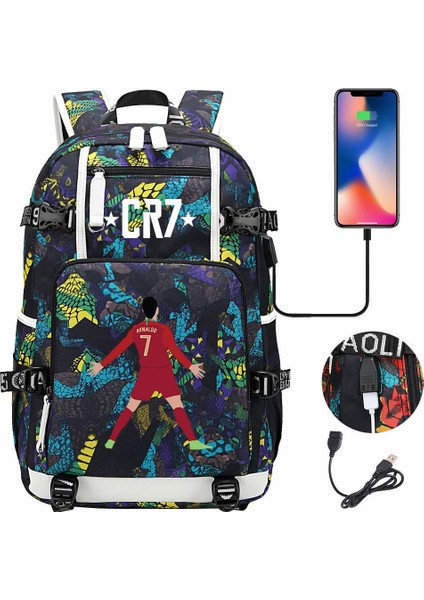 Futbol Yıldızı C Luo USB Büyük Kapasiteli Genç Öğrenciler Okul Çantası Erkekler ve Kadınlar Rahat Seyahat Sırt Çantaları Omuzlar (Yurt Dışından)