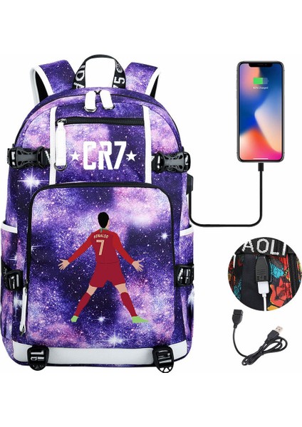 Futbol Yıldızı C Luo USB Büyük Kapasiteli Genç Öğrenciler Okul Çantası Erkekler ve Kadınlar Rahat Seyahat Sırt Çantaları Omuzlar (Yurt Dışından)