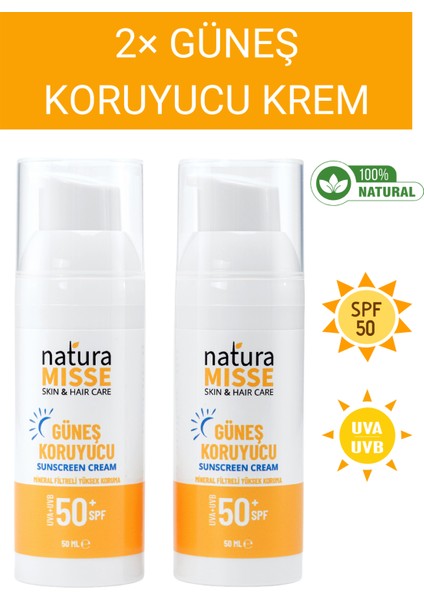 Doğal Güneş Kremi Uva Uvb Spf 50 Yüksek Koruma Leke Karşıtı Bakım Nemlendirici Su Bazlı Krem 2 x 50 ml