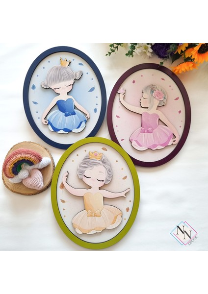 Minik Balerinler 3'lü Set | 3 Boyutlu, Çerçeveli, Ahşap, Çocuk Odası Tablo Seti | Baskı ve El Boyaması
