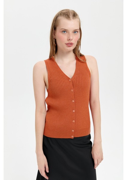 Kadın V Yaka Dikişsiz Yelek Turuncu fiyatları