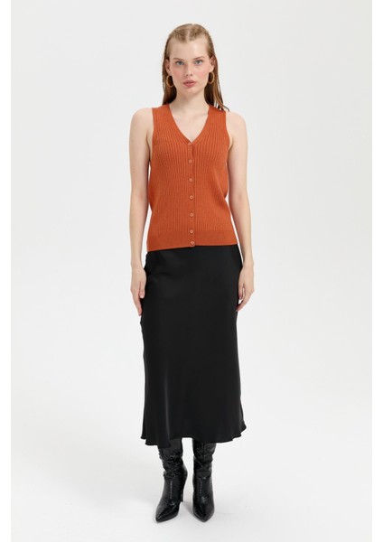 Kadın V Yaka Dikişsiz Yelek Turuncu fırsatları
