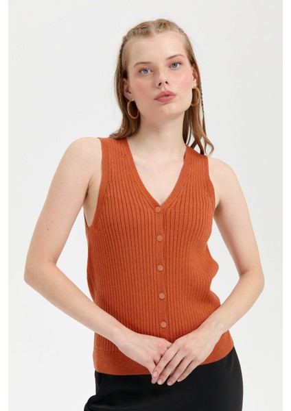 Kadın V Yaka Dikişsiz Yelek Turuncu indirimleri