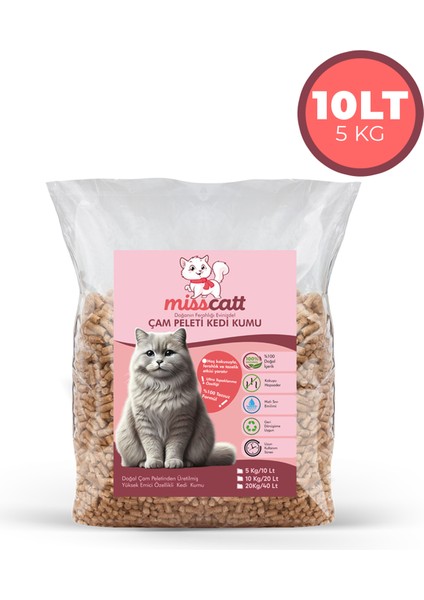 MissCatt  Çam Pelet Kedi Kumu 10 lt/5 kg, Doğal, Kokusuz Çam Peleti