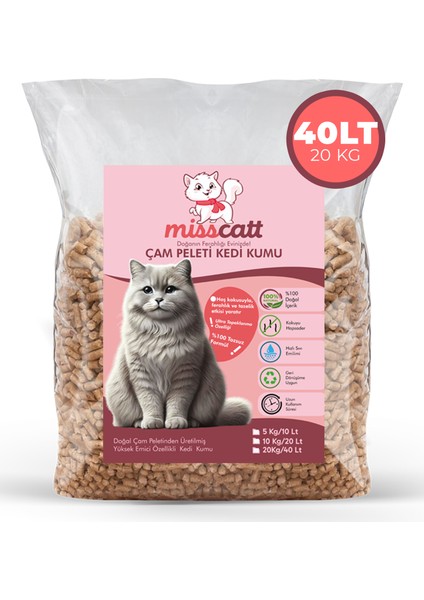 MissCatt  Çam Pelet Kedi Kumu 40 lt/20 kg, Doğal, Kokusuz, Çam Peleti