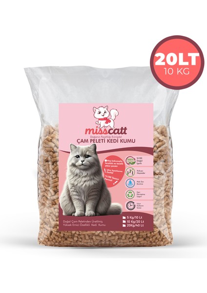 MissCatt  Çam Pelet Kedi Kumu 20 lt/10 kg, Doğal, Kokusuz, Çam Peleti