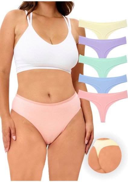 Alya Underwear Kadın Bato Tanga Pamuklu Külot, Büyük Beden, 5' Li Paket -Sarı, Mor Mint, Somon Mavi