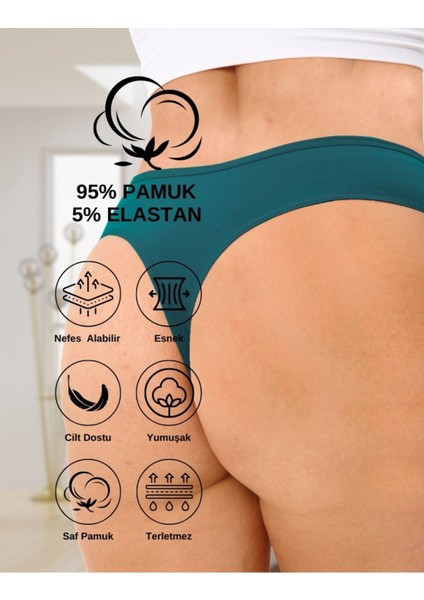 Kadın Bato Tanga Pamuklu Külot, Büyük Beden, 5' Li Paket Siyah, Bordo, Koyu Yeşil, Indigo, Laci.