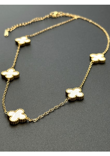 18K Gold Van Cleef Beyaz Çelik Yonca Kolye