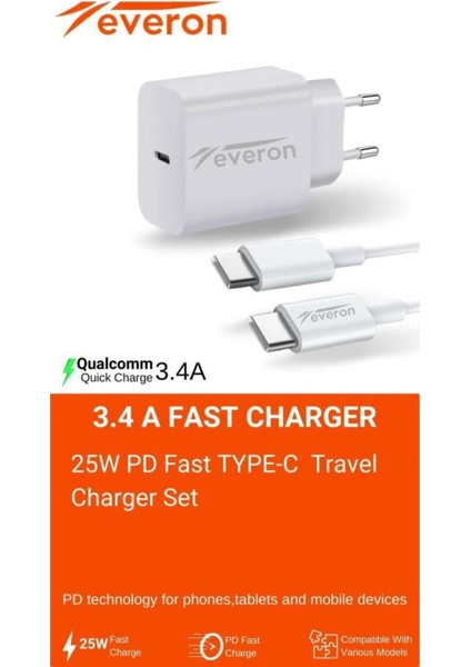 Q.c 3.4 Amper 25W Type To Type C Şarj Aleti EVR-002