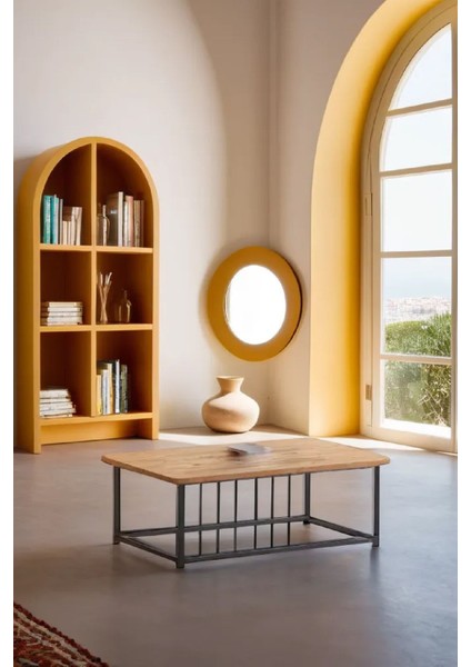 Ahşap Orta Sehpa 60X90 Modern Metal Ayak Siyah Tam Çerçeve Çam Desen Salon Ofis Balkon Sehpası