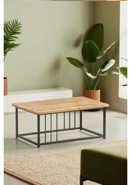 Ahşap Orta Sehpa 60X90 Modern Metal Ayak Siyah Tam Çerçeve Çam Desen Salon Ofis Balkon Sehpası modelleri