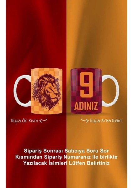 Sarı Kırmızı Damalı Aslan Kupa Kişiye Özel Taraftar Baskılı Hediye Kupa Kahve Bardak Mug