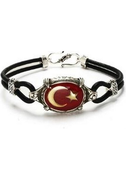 Ay Yıldız Türk Bayrağı Deri Gümüş Erkek Bayan Bileklik