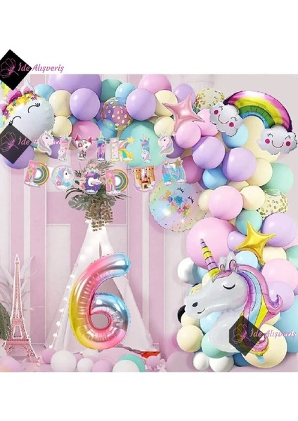 Bkmc Party Yaş Folyolu Karakterli Unicorn Temalı Iyi Ki Doğdun Makaron Balon Doğum Günü Parti Kutlama Seti