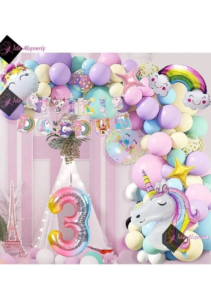 Bkmc Party Yaş Folyolu Karakterli Unicorn Temalı Iyi Ki Doğdun Makaron Balon Doğum Günü Parti Kutlama Seti