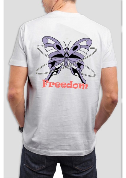 Freedom Kelebek Baskılı Beyaz Unisex Tişört C1009
