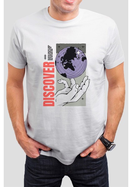 Discover Baskılı Beyaz Unisex Tişört C1010