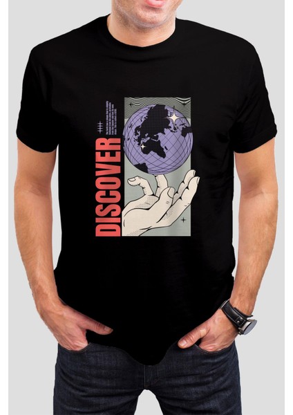 Discover Baskılı Siyah Unisex Tişört C1012