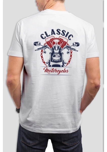Klasik Motor Baskılı Beyaz Unisex Tişört C1026