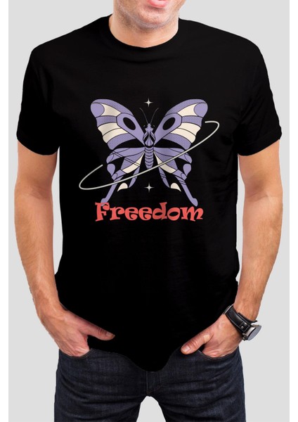 Freedom Kelebek Baskılı Siyah Unisex Tişört C1030