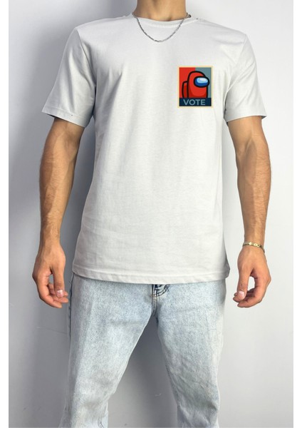 Erkek Vote Baskılı Gri Oversize T-Shirt