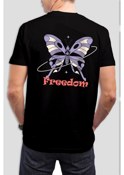 Freedom Kelebek Baskılı Siyah Unisex Tişört C1031