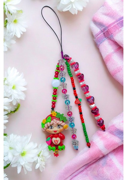 Fiyonka Handmade Creations Sevimli Çilek Bebek Obje Telefon Ipi,  Boncuklu Telefon Charmı