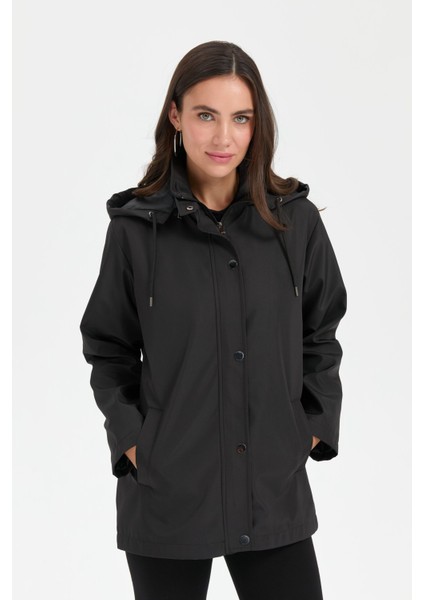 Kadın Kapüşonlu Yan Cepli Kısa Trençkot Siyah modelleri