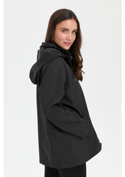 Kadın Kapüşonlu Yan Cepli Kısa Trençkot Siyah indirimleri